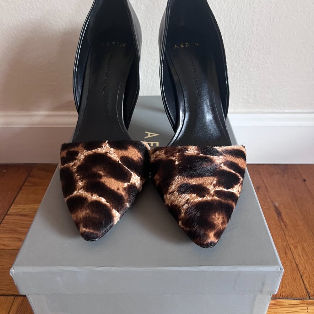 AERIN Haircalf Pointed Toe Pumps | Leopard & Black Leather | Size 5